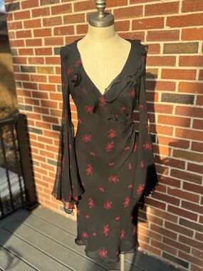 90s Goth Express Dress | size 9/10 | Fixed Wrap & Side Zipper| Bell Sleeves